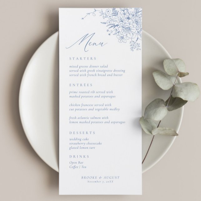 Vintage Floral French Blue Wedding Menu (Creator Uploaded)
