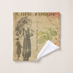 Vintage floral French postcard of woman of fashion Wash Cloth