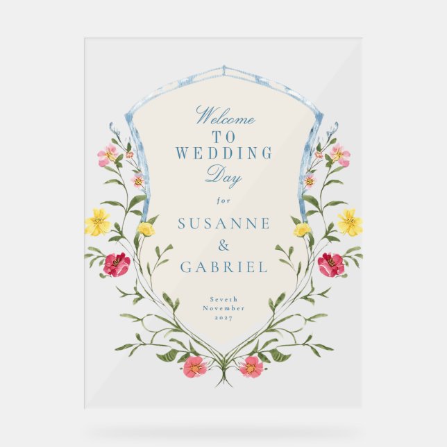 Vintage Floral French Wedding Welcome Acrylic Sign (Front)
