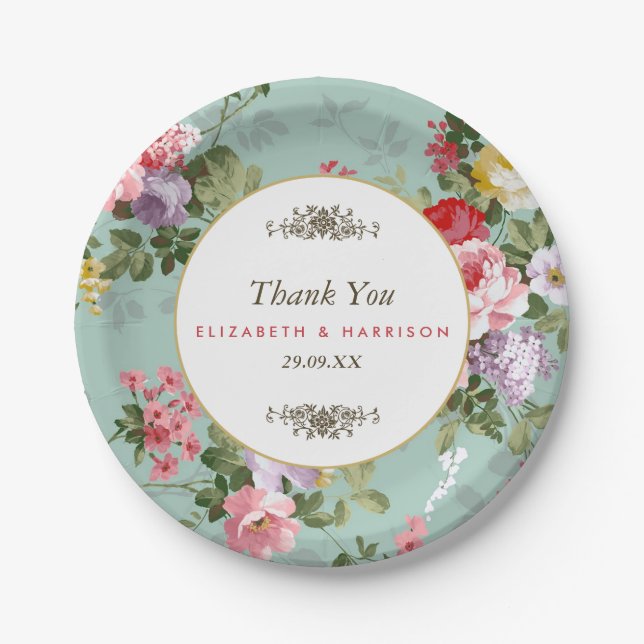 Vintage Floral Garden Botanical Wedding Paper Plate (Front)
