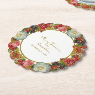 Vintage Floral Garland Autumn Roses Fall Wedding Paper Coaster