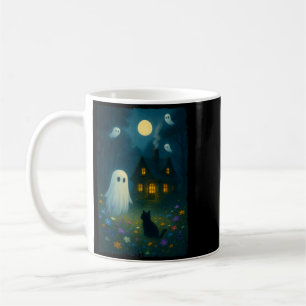 Vintage Floral Ghost Black Cat Halloween Ghost Coffee Mug