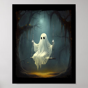 Vintage Floral Ghost On Swing In Forest Spooky Hal Poster