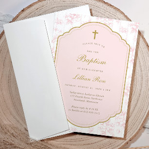 Vintage Floral Girl Gold Cross Baptism Invitation