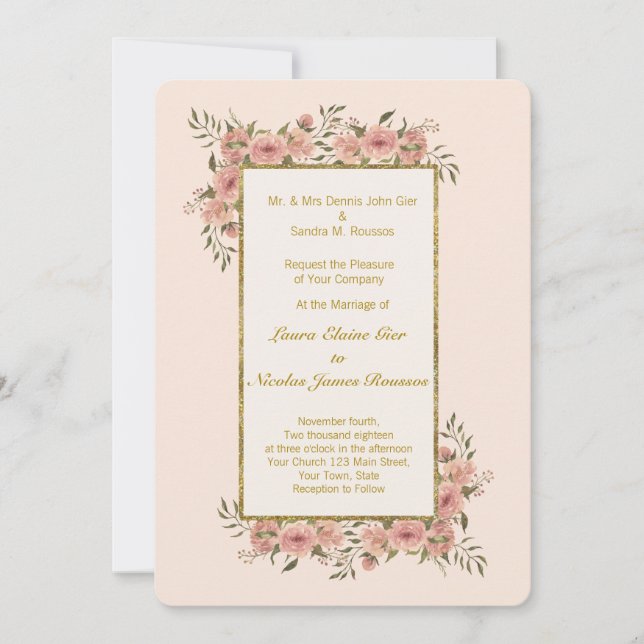 Vintage Floral Gold Foil Frame Wedding Invitation (Front)