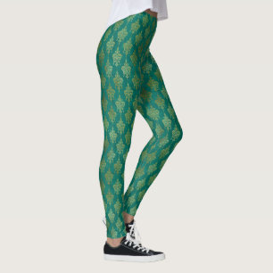 Vintage Floral Gold Foil On Kelly Green Leggings