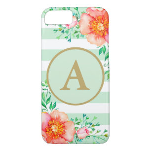 Vintage Floral Gold Monogram Mint White Striped iPhone 8/7 Case