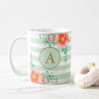 Vintage Floral Gold Monogram Mint White Striped