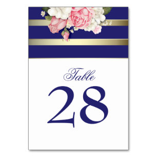 Vintage Floral Gold Navy White Stripes Wedding Table Number