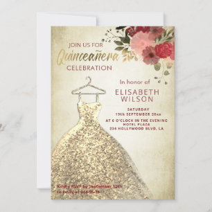 Vintage Floral gold sequins dress Quinceañera Invitation
