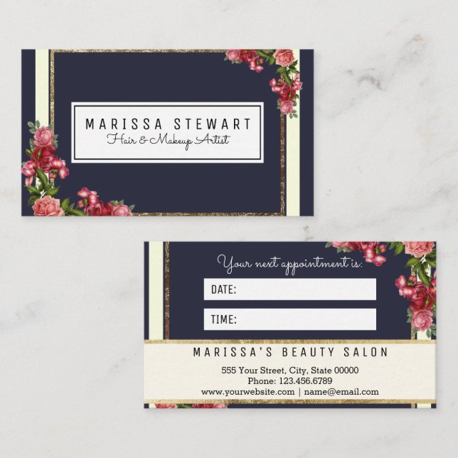 Vintage Floral Gold Stripes Appointment Card (Front/Back)