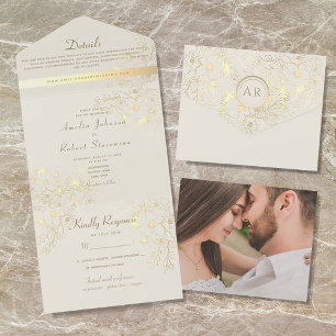Vintage Floral Gold Wedding All In One Invitation