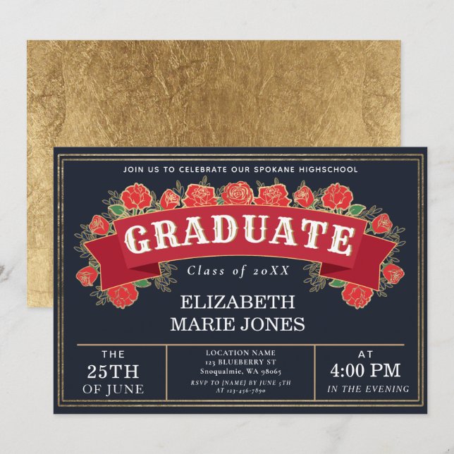 Vintage Floral Graduation Party Invitation (Front/Back)