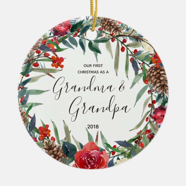 Vintage floral Grandma Grandpa Christmas Ornament (Front)