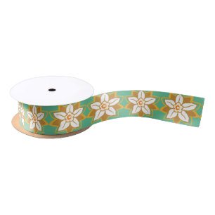 Vintage Floral green and yellow Jonquil  pattern Satin Ribbon