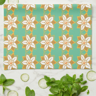 Vintage Floral green and yellow Jonquil  pattern Tea Towel
