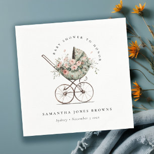 Vintage Floral Green Blush Stroller Baby Shower Napkin