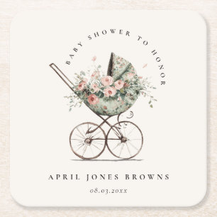 Vintage Floral Green Blush Stroller Baby Shower Square Paper Coaster