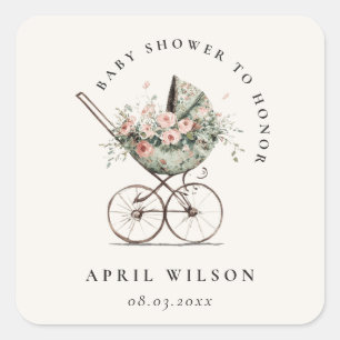 Vintage Floral Green Blush Stroller Baby Shower Square Sticker