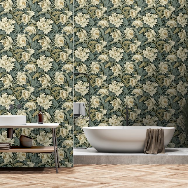 Vintage Floral Green Cream Wallpaper (Bathroom)