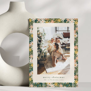 Vintage Floral Green Merry Christmas Family Photo Holiday Card