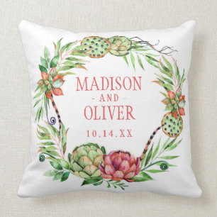 Vintage Floral Green & Pink Succulent   Wedding Cushion