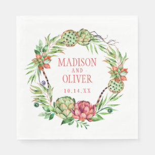 Vintage Floral Green & Pink Succulent Wedding Napkin