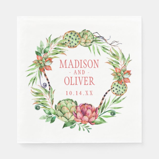 Vintage Floral Green & Pink Succulent | Wedding Napkin (Front)