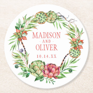 Vintage Floral Green & Pink Succulent   Wedding Round Paper Coaster