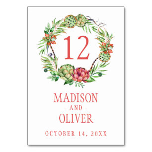 Vintage Floral Green & Pink Succulent   Wedding Table Number