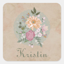Vintage Floral Green Pink White Name 