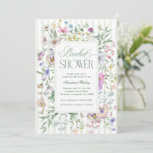 Vintage Floral Green Stripes Garden Bridal Shower Invitation
