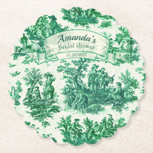 Vintage floral green toile jouy Bridal shower, Paper Coaster