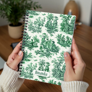 Vintage floral green toile jouy monogram notebook