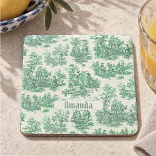 Vintage floral green toile jouy monogram stone coaster