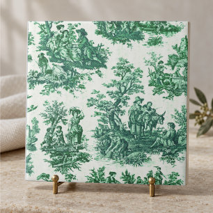 Vintage floral green toile jouy monogram tile
