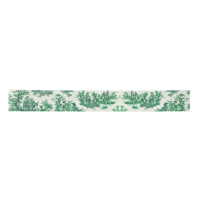 Vintage floral green toile jouy satin ribbon (Front)