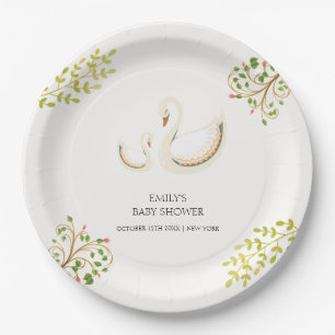 Vintage Floral Greenery Swan Baby Shower  Paper Plate