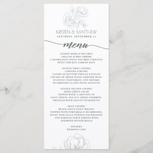Vintage Floral Grey Modern Elegant Wedding Menu (Front)