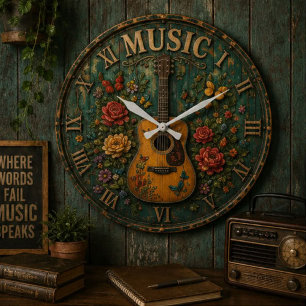 Vintage Floral Guitar Rustic Acoustic Music Large Clock