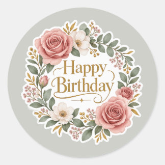 Vintage Floral Happy Birthday Round Classic Round Sticker
