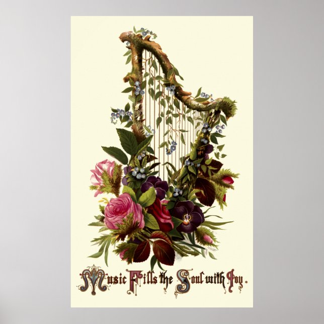 Vintage Floral Harp Music Poster (Front)