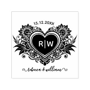 Vintage Floral Heart Monogram Save the Date Self-inking Stamp