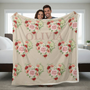 Vintage Floral Heart Personalised Name Sherpa Blanket