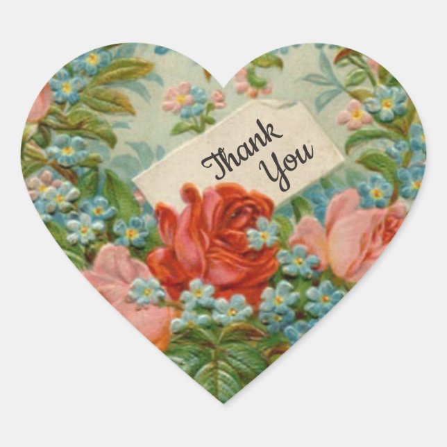 Vintage Floral Heart Thank You Heart Sticker (Front)