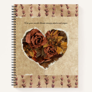 Vintage Floral Heart with Rustic Brown Roses Notebook