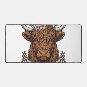 Vintage Floral Highland Cow Vector Shirt Design_1 Desk Mat