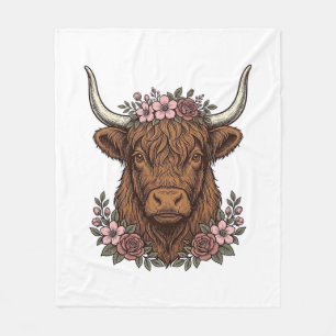 Vintage Floral Highland Cow Vector Shirt Design_1 Fleece Blanket