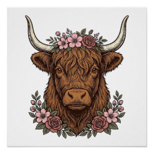 Vintage Floral Highland Cow Vector Shirt Design_1 Poster