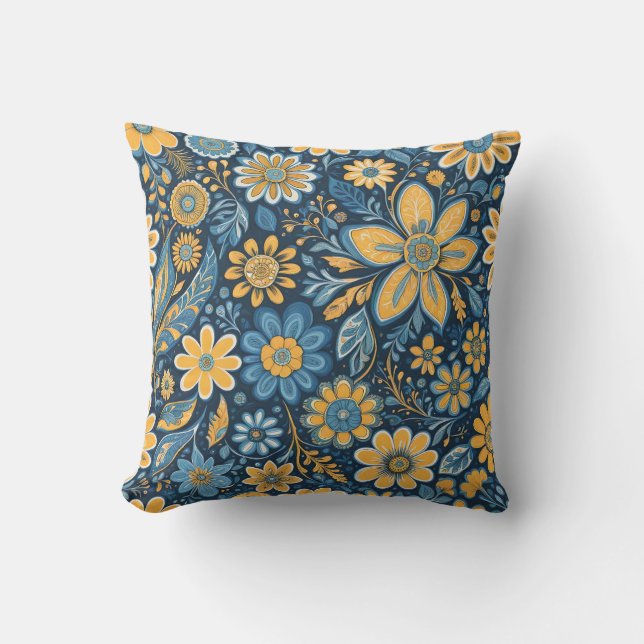 Vintage floral Hippie design yellow blue  Cushion (Front)